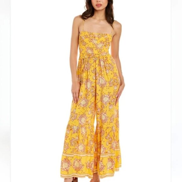 NEW Free People Yellow Printed Flowy Wide Leg Smocked Jumpsuit - Picture 10 of 11